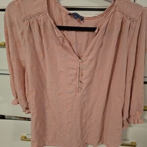 Democracy Pink Eyelet Blouse with Lace Accents